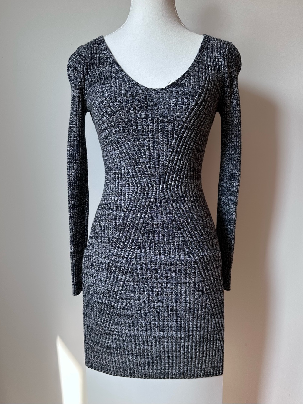 Vintage Y2K Dynamite Ribbed Sweater Dress V-Neck Long Sleeves Marled Knit - S